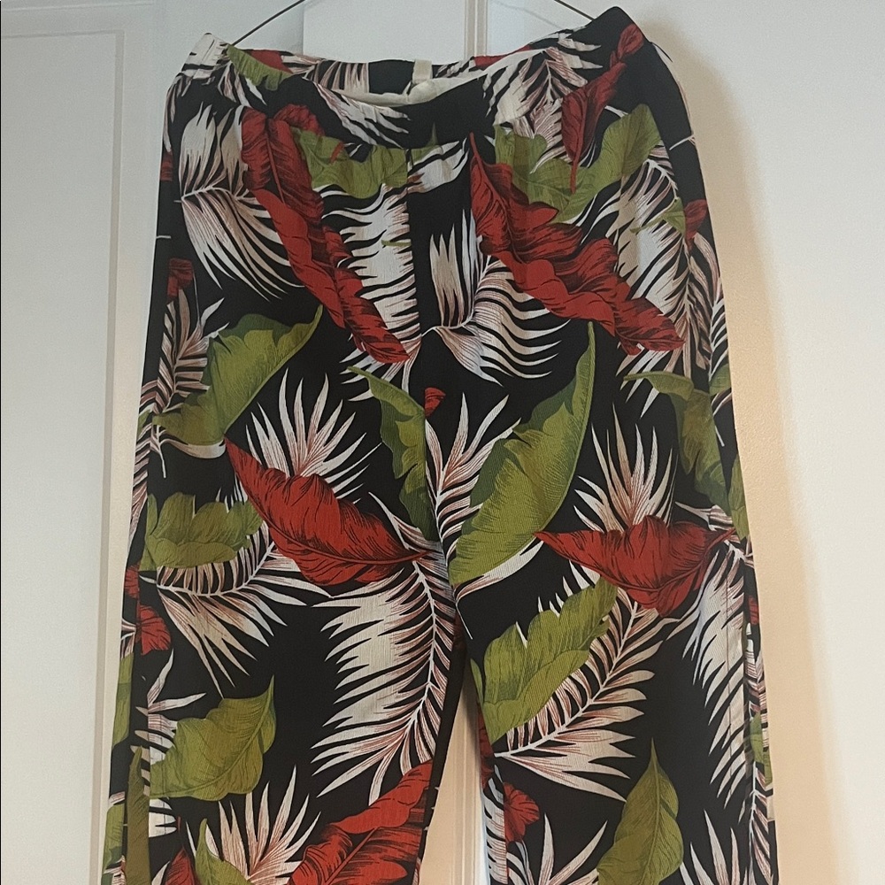Umgee Leaf Print Pants - Red, Green, Black